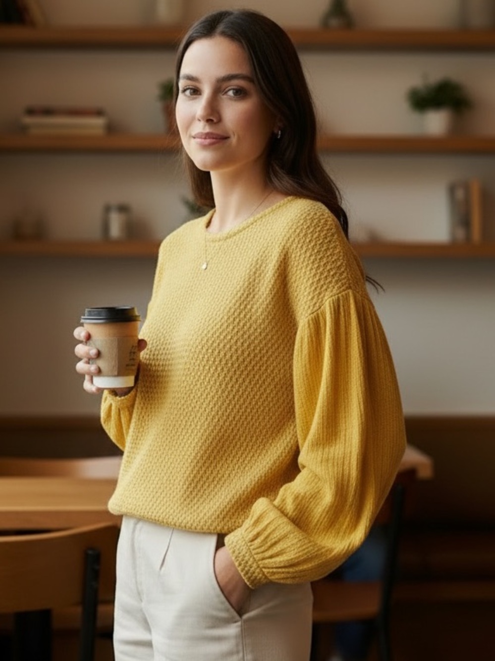 Umgee Yellow Textured Crewneck Balloon Sleeve  Pullover Top Medium